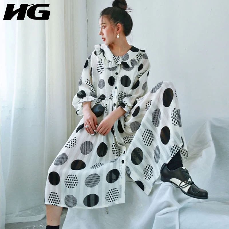 HG/Новинка осени в горошек с воротником кукольном стиле платье миди для женщин