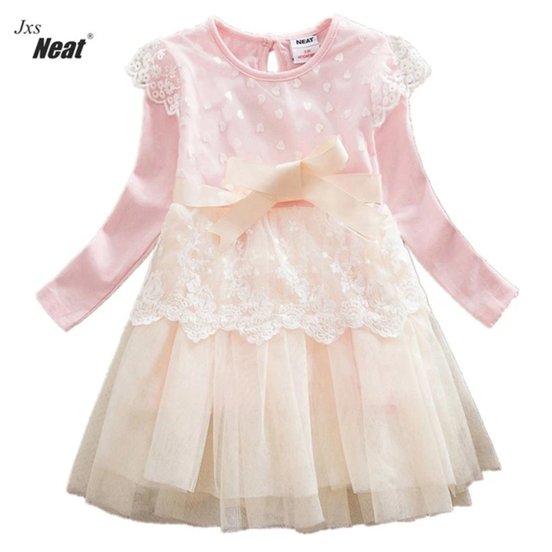 girl dresses neat fall new o-neck 100% cotton kids clothes lovely lace mesh girls butterfly belt long sleeve LD6613 | Детская одежда и