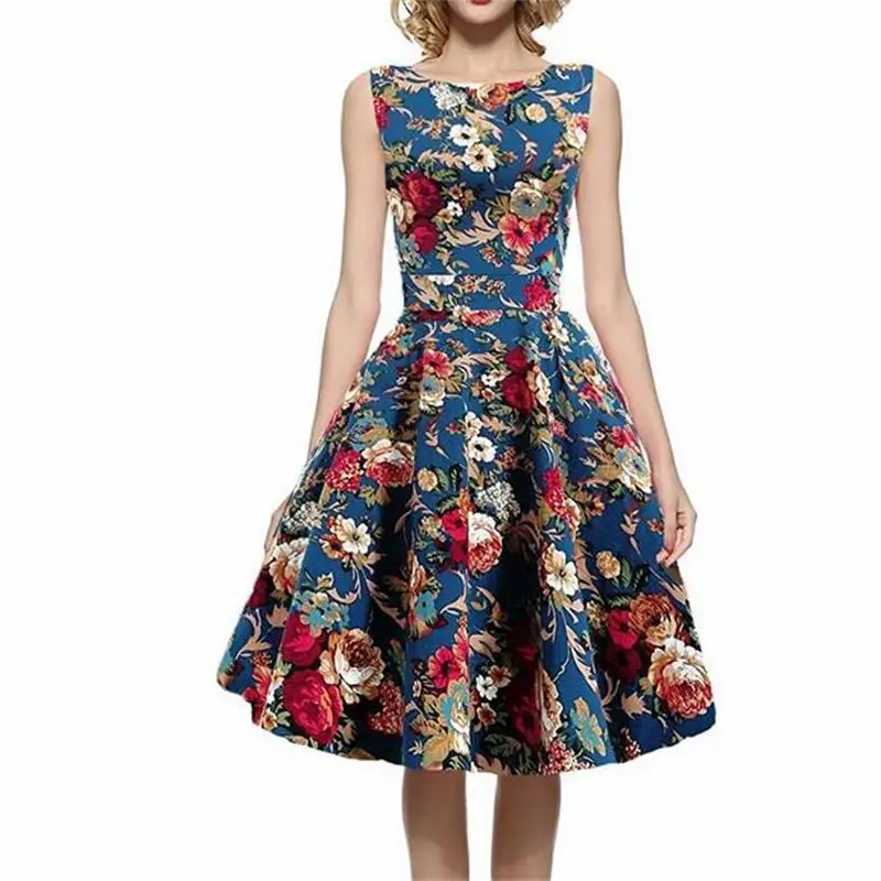 TEMOFON Women Summer Dresses Elegant Printing Sleeveless Dress Casual Party O-neck Female Ball Gown Colorful ELD07 | Женская одежда