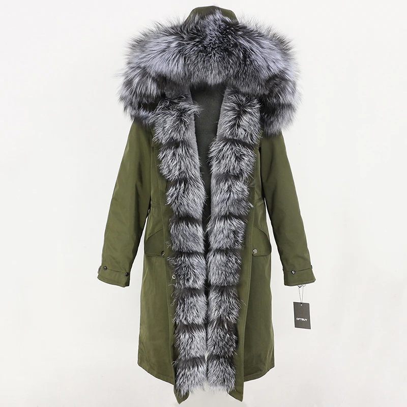 green silver OFTBUY, водонепроницаемое пальто с натуральным мехом, удлиненная парка, зимняя куртка для женщин, Воротник из натурального Лисьего меха, капюшон, Толстая теплая верхняя одежда, съемная, Новинка - Цвет: green silver
