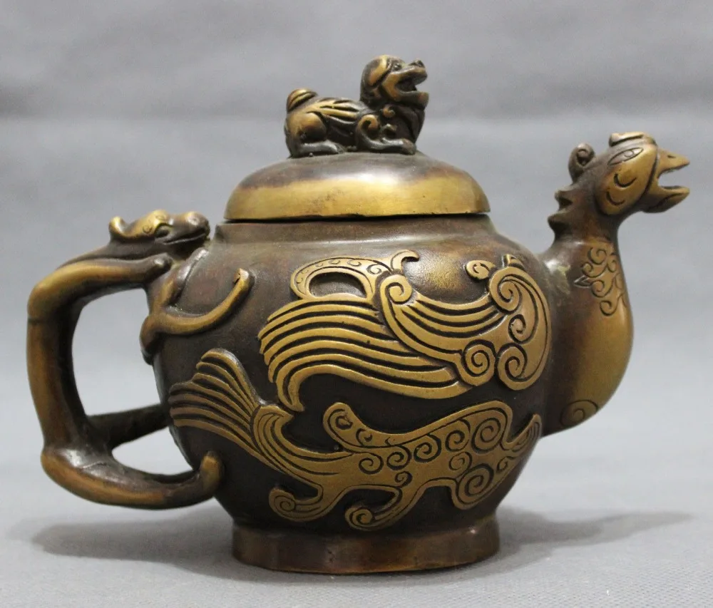 Китайский scy Бронзовая птица павлин феникс Голова Статуя Единорог Лев Вино