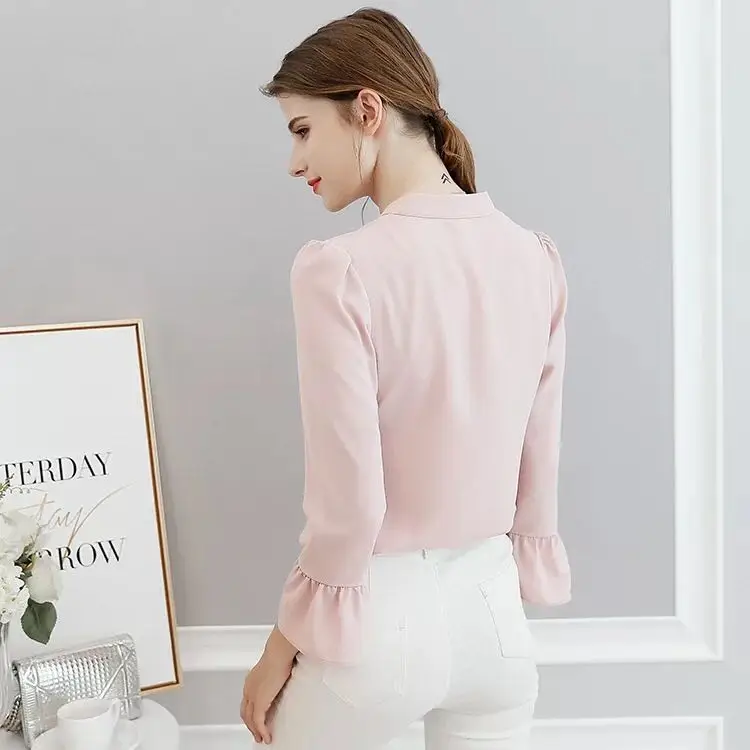 Casual Blusa Feminina Tops Lady Shirt Spring and Summer New Women's Sleeve Chiffon Women Loose Solid Color Base |