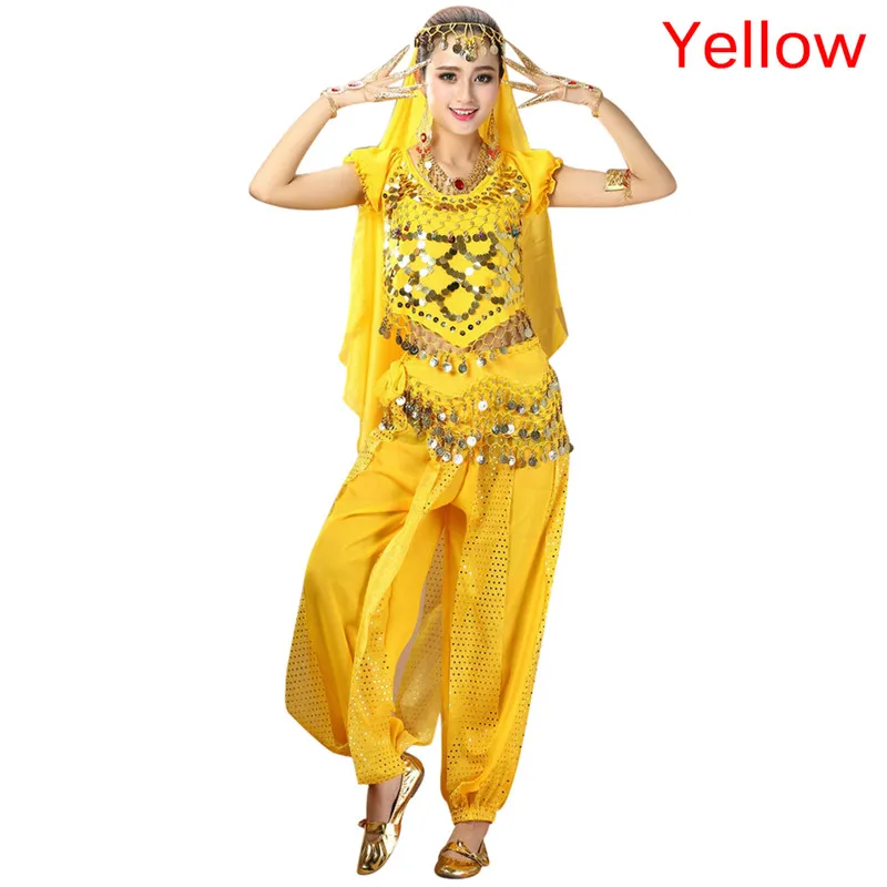 Цвет: желтый 2 шт./компл. Для женщин индийский арабский, Израиля, Танцевальные Костюмы Болливуд», платье для танцев, набор костюма для танца живота(топ+ Штаны - Цвет: Цвет: желтый