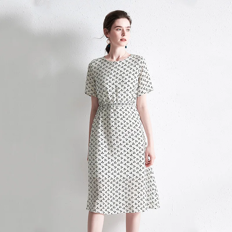 Cherry Print Silk Dress White Summer Elegant Chinese Style Midi Dresses Casual sukienka Short Sleeve Big Size vestidos mori girl | Женская