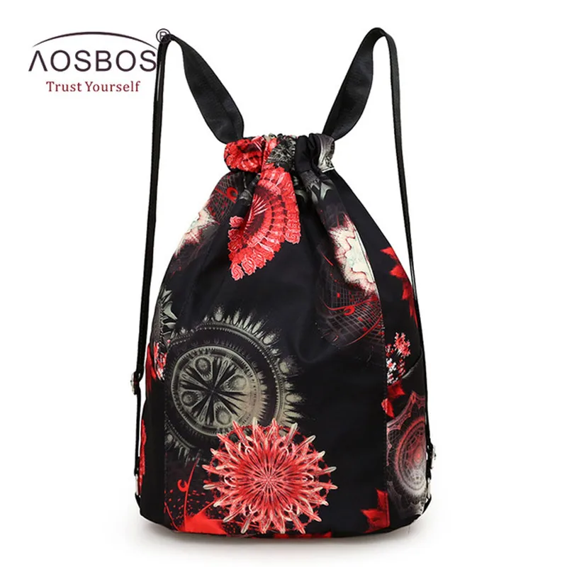 Black Aosbos женский рюкзак на шнурке с цветочным рисунком, сумка для фитнеса и тренировок на открытом воздухе, непромокаемые пляжные сумки, сумка на шнурке из ткани Оксфорд - Цвет: Black
