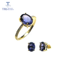 tbj100natural iolite jewelry set rings and earrings s925 silver fine jewlery yellow gold flower design for women best gift box