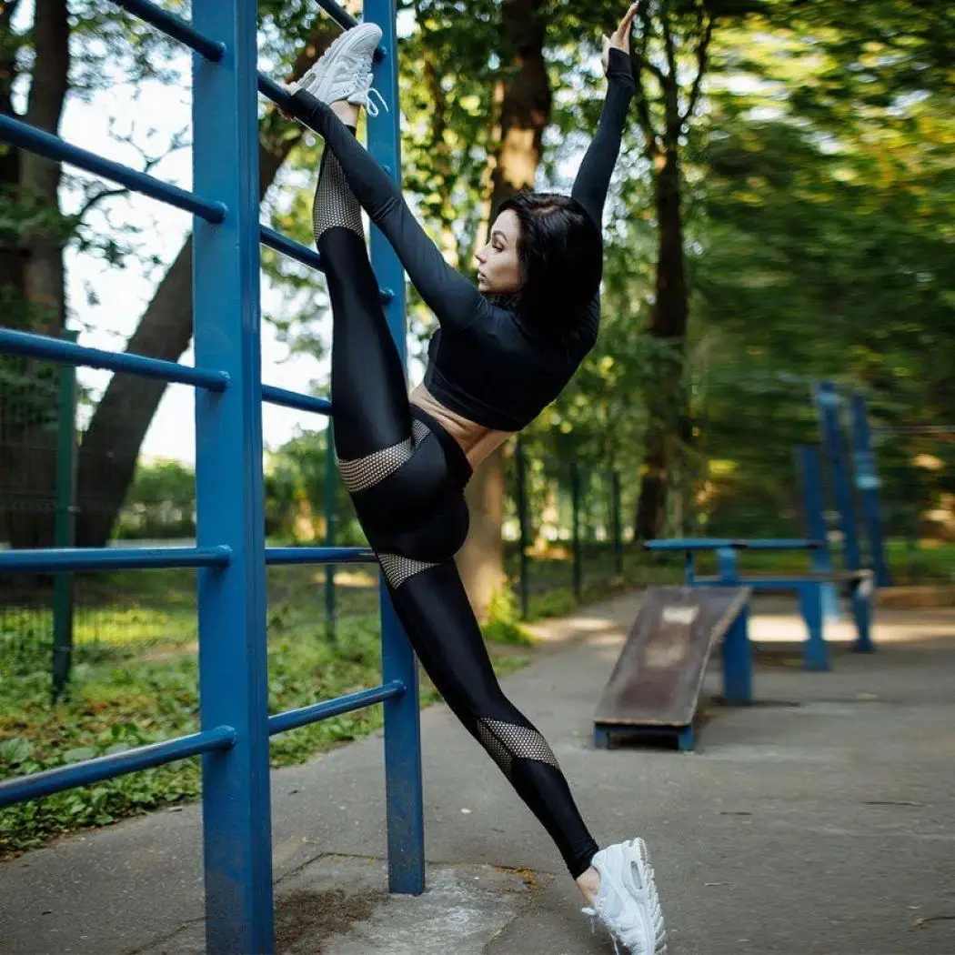 Женский фитнес Йога выдалбливают Лоскутные черные сетки йога тонкие твердые