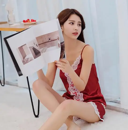 Lace silk sexy pajamas women sleeveless short sleepwear pajama set spaghetti strap summer pijamas women's nightwear pyjama femme | Женская