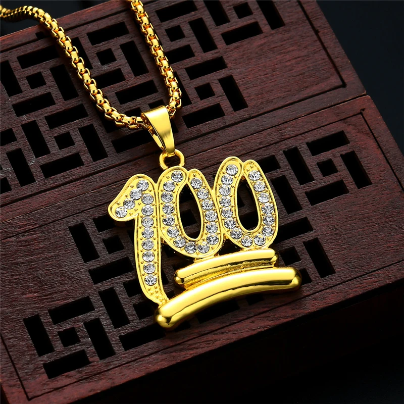 Золотой Emoji 100 подвеска с логотипом Нержавеющая сталь Iced Out Bling со стразами и