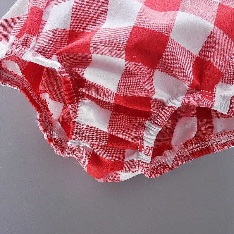 LILIGIRL Newborn Backless Jumpsuit Infant Clothes Baby Girl Romper Cotton Red Plaid Triangle Headband 2pcs Set | Мать и ребенок