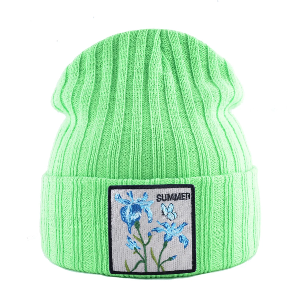 Вязаные шапки для женщин уличная одежда Skullies Beanies с цветком патч Весна Осень Вязание Gorra Мужская зимняя шапочка в стиле кэжуал Кепка