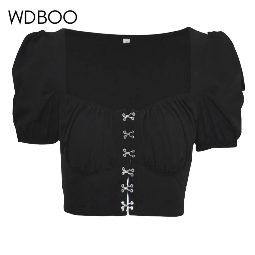 WDBOO ретро-крючок с ушками, короткий топ с пышными рукавами, квадратный вырез, бюстье, топ, черный, белый цвет, короткий топ
