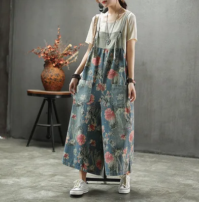 Женский джинсовый комбинезон с цветочным принтом Свободный Повседневный