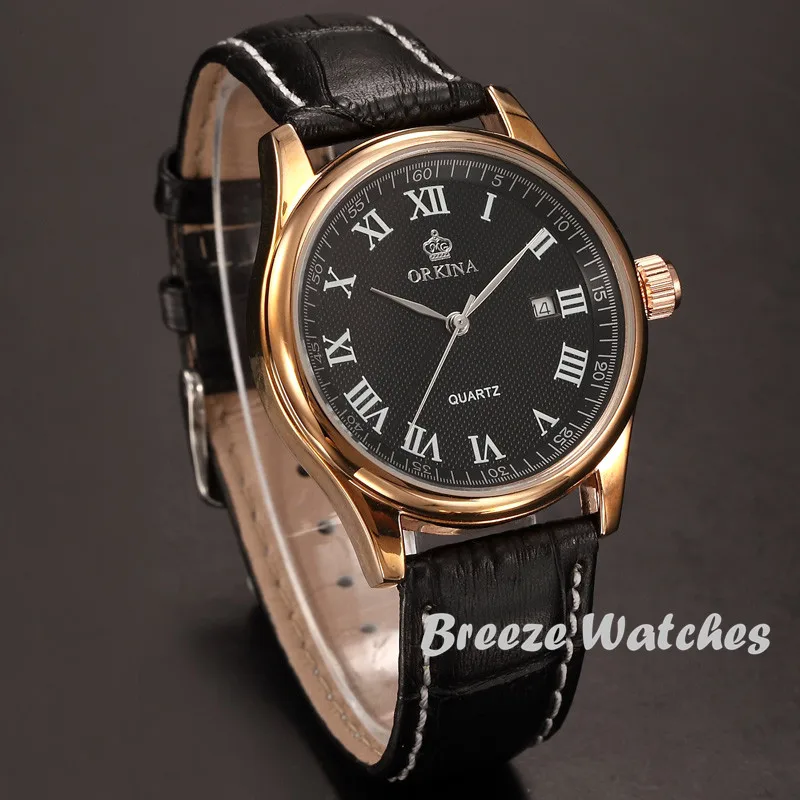 

Rose Gold Automatic Watch Brands MG. ORKINA Rose Gold Watch Roman Numerals 39MM Dial Quartz Crystal Date Wristwatche