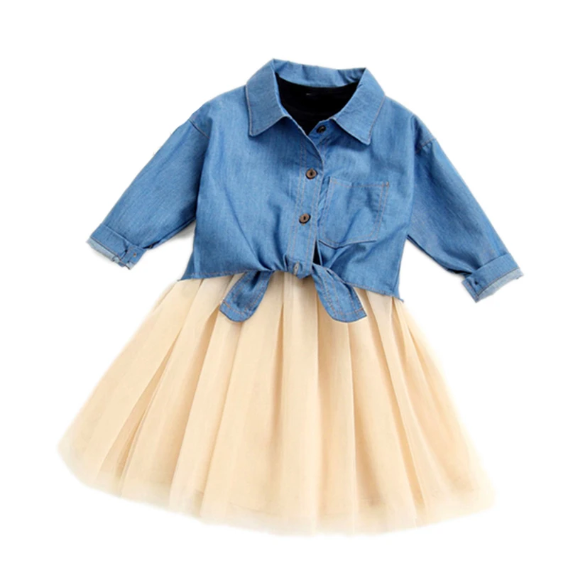 SHEIN Kiddie/комплект из джинсовой футболки с бантом и сетчатой юбки для маленьких девочек г. летние комплекты одежды с длинными рукавами для детей
