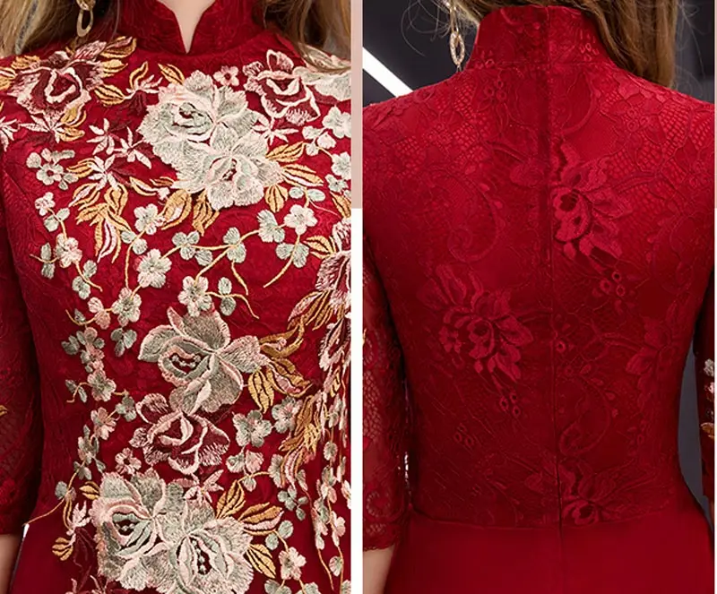 FADISTEE Новое поступление vestido de festa милое длинное вечернее платье невесты Вечерние Половина рукава выпускное платье цвета Бургунди высокая горловина кружево