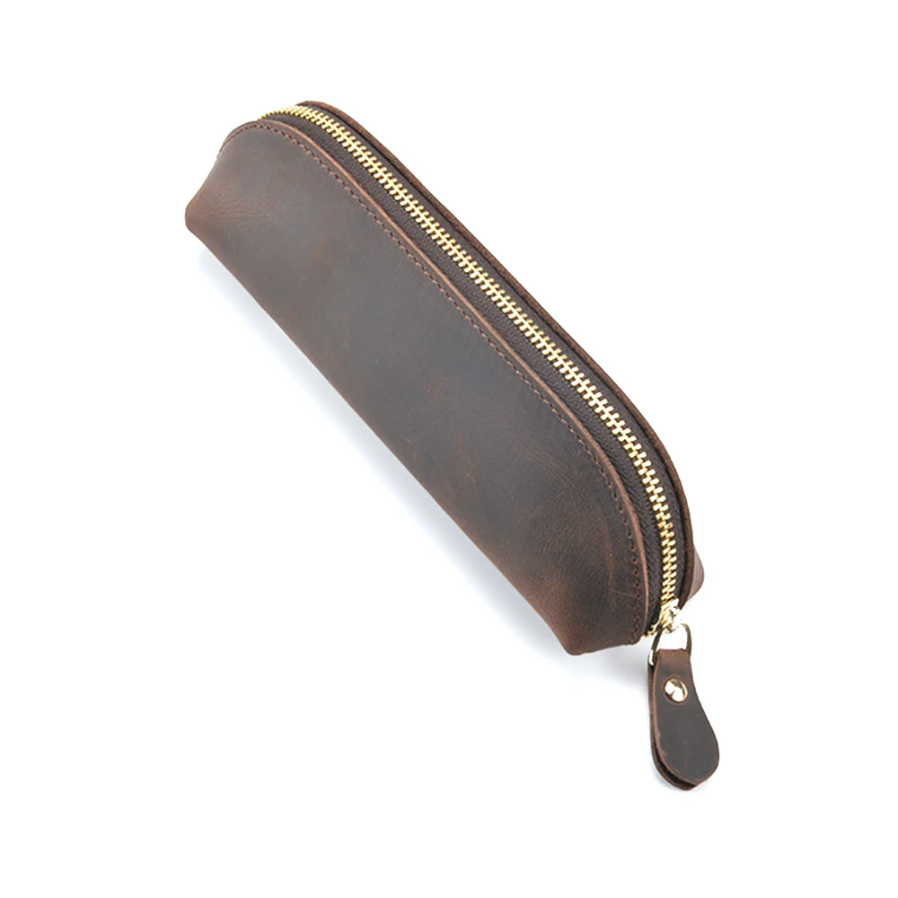 Moterm Handmade Genuine Leather Zipper Pen Pencil Bag Vintage Retro Style Creative School Stationary Accessories Free shipping - Цвет: A Coffee