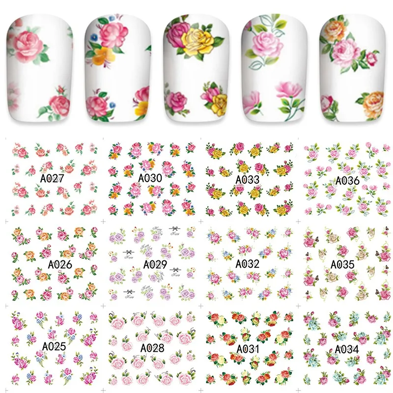 12 листов водная Наклейка украшения для ногтей тату Полное покрытие красота цветы
