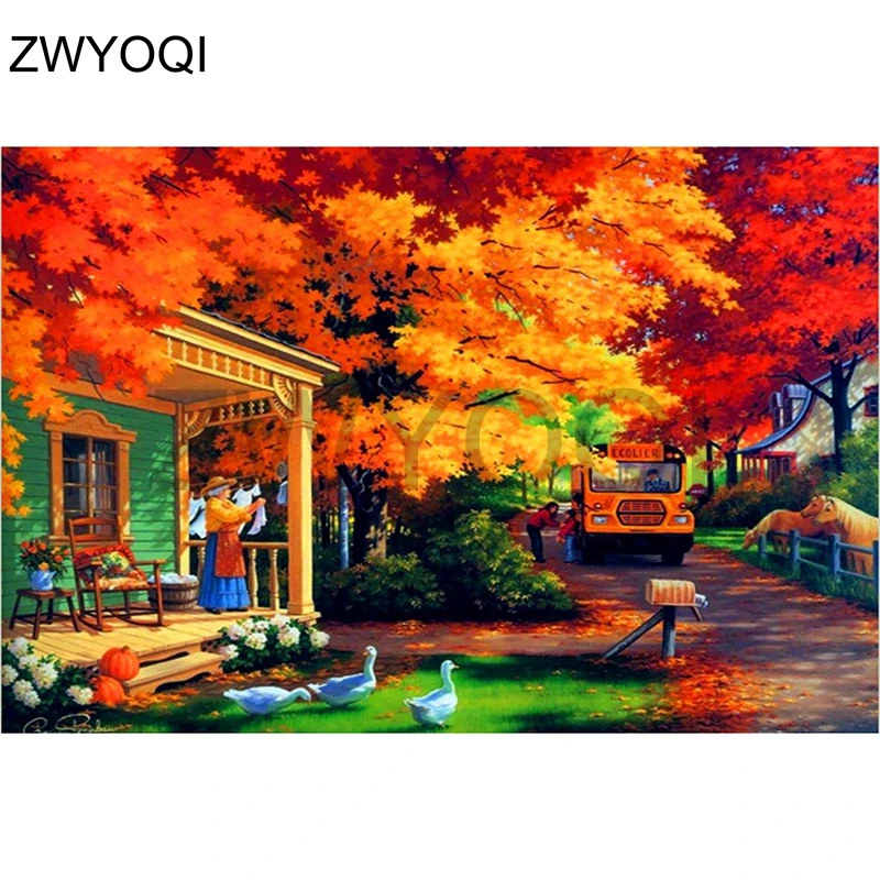 Full Round Diamond embroidery Cross stitch Maple leaf Square painting landscape DIY 3D mosaic Дом и сад