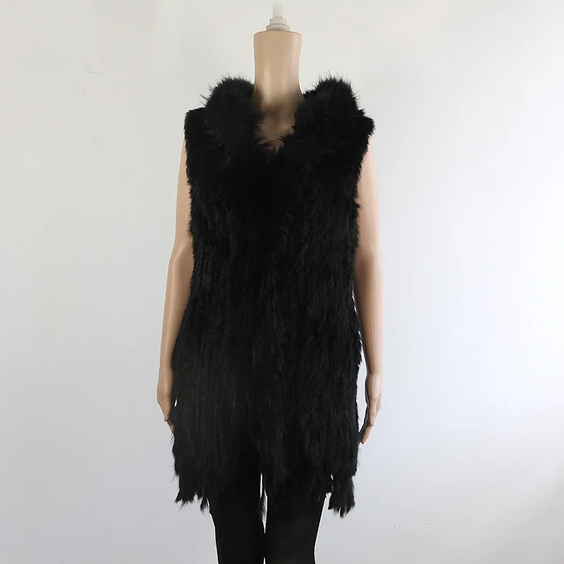 Длинный женский вязаный жилет с капюшоном из натурального кроличьего меха енота