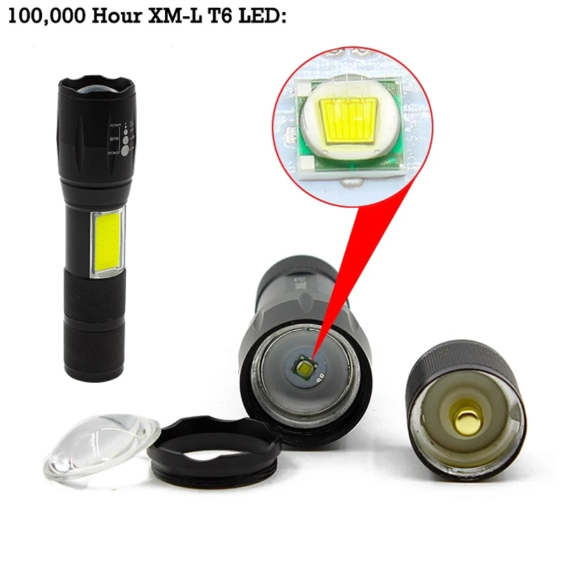 LED Flashlight Side COB Lamp Design T6 8000 Lumens Zoomable Torch 4 Light Modes by 18650 Battery | Flashlights &amp Torches