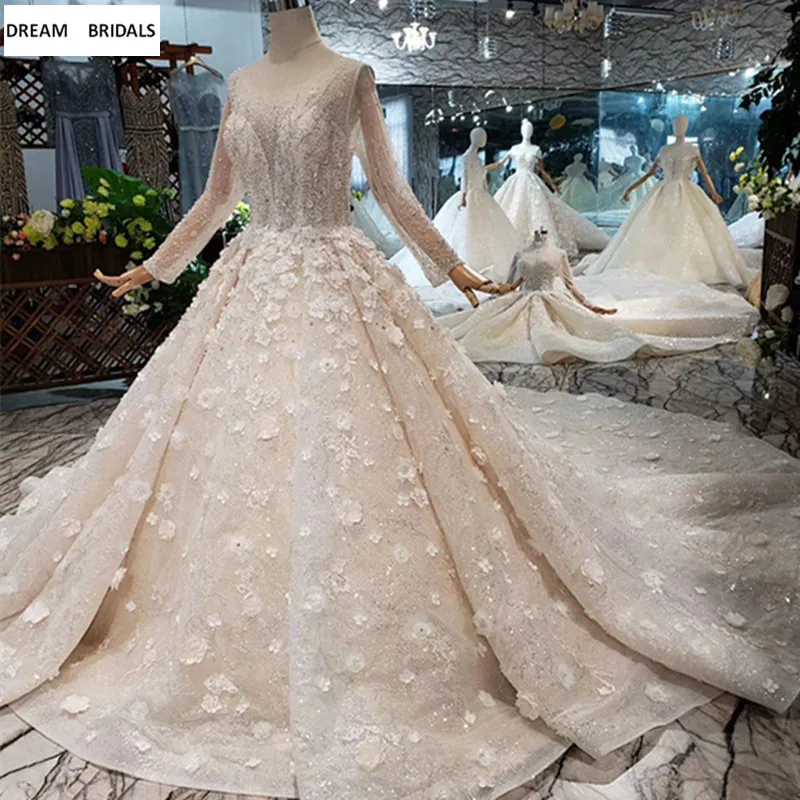High Quality Ball Gown Luxury Vestido De Noiva 2019 Long Sleeves Heavy Beading Sequined Flowers Wedding Dresses Custom Made |