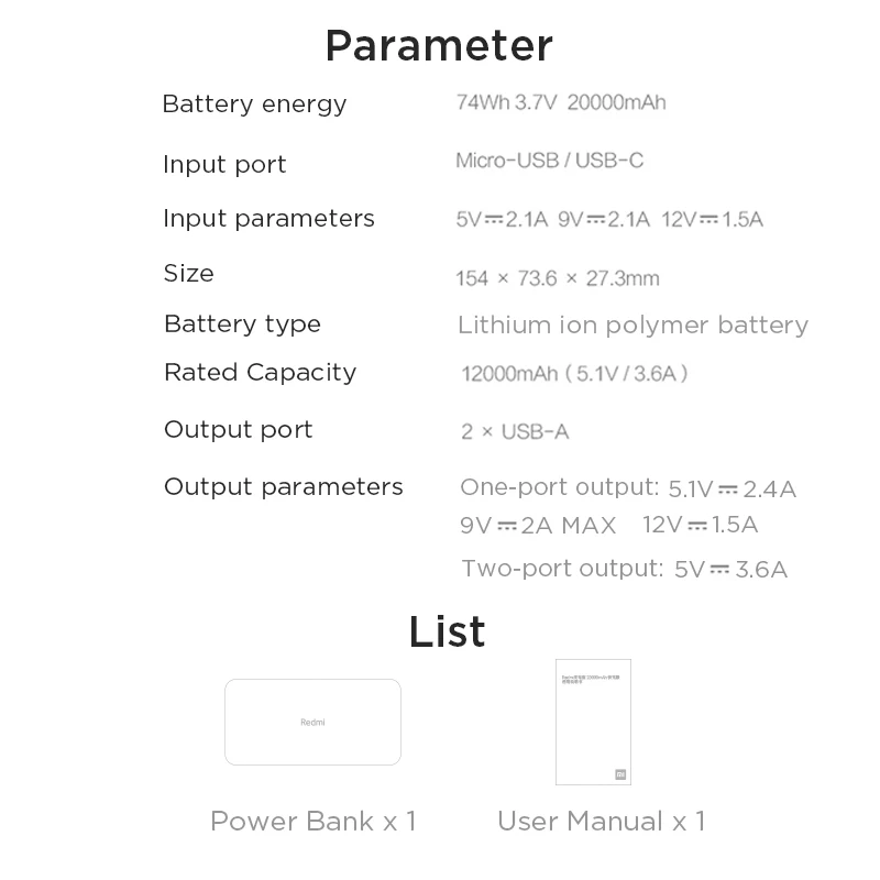 Внешний аккумулятор Xiaomi Power Bank PB200LZM 20000 мАч 2 порта micro USB и type C цвет белый|Внешние