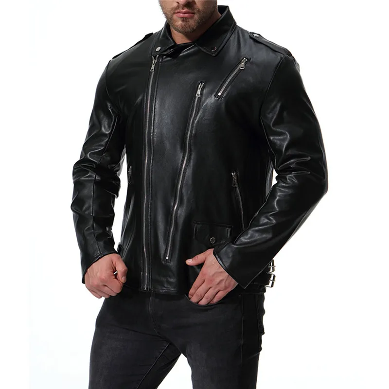 

2018 Autumn new European and American style Men's Locomotive Large size 4XL 5XL Leather Multi-zip Leather jacket Black jacket