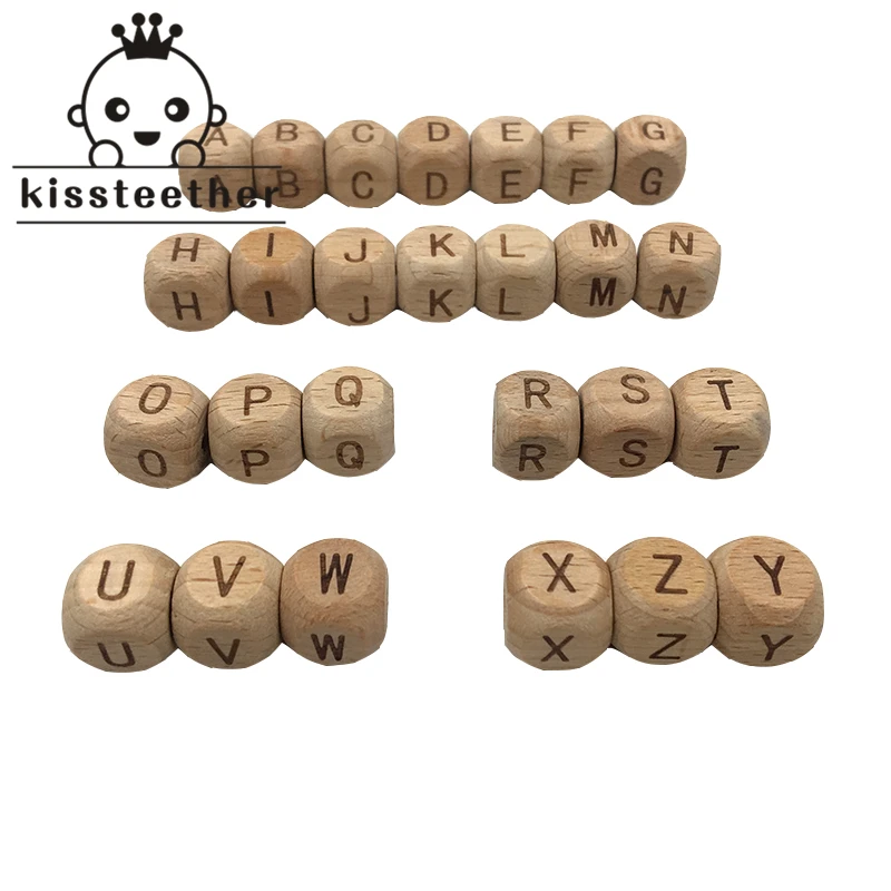 Accesorios de madera para dentici&oacute;n, cuentas de letras de madera de haya cuadradas de 12mm para dentici&oacute;n, joyer&iacute;a artesanal, cuentas del alfabeto, mordedor para beb&eacute;, 100 Uds.-1