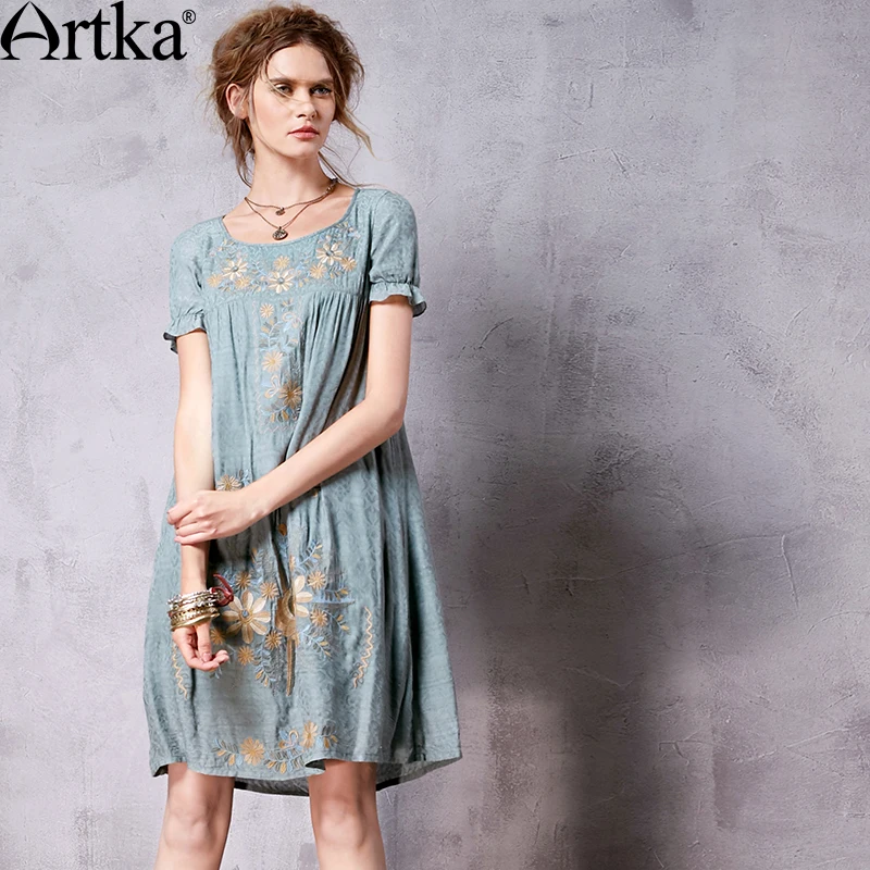 ARTKA Женская летняя Новая Винтажная с круглым вырезом коротким рукавом вышивка