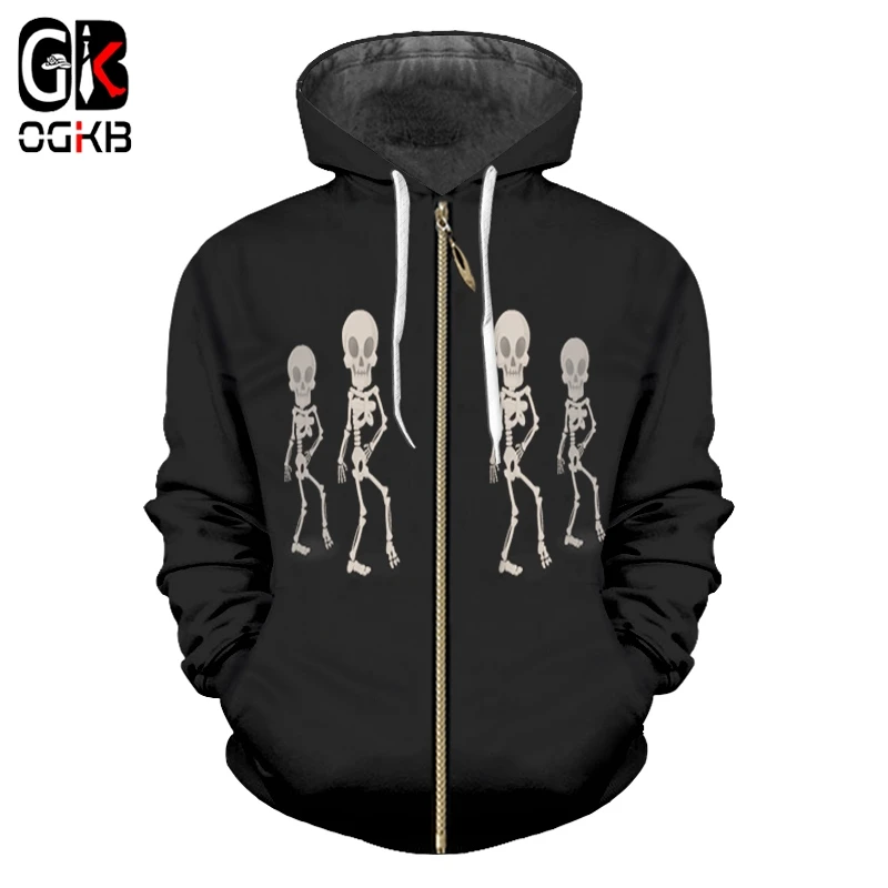OGKB женские черные хип хоп толстовки на молнии с 3D принтом черепа Хэллоуин уличная