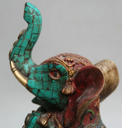 JP S0522 9&quot Chinese Red Coral turquoise Bronze Folk Auspicious elephant Statue sculpture B0403 | Дом и сад