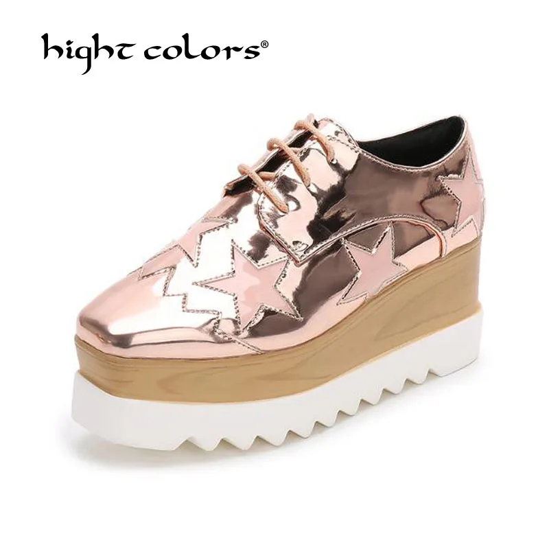Блестящие женские туфли на танкетке с пятью звездами платформе квадратным
