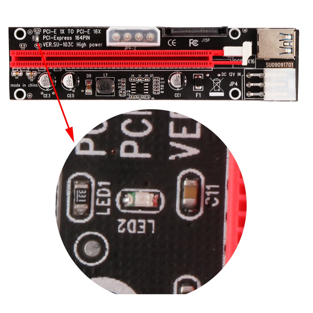 Ubit VER103C 3в1 светодиодный Riser power PCI-E Riser Card 4pin 6pin Sata 15PIN PCI Express 1X to 16X удлинитель для Bitcoin Miner