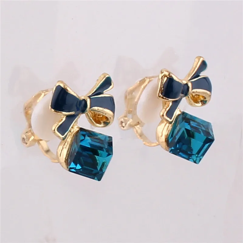 GRACE JUN Fashion Cute Square Crystal Bowknot Clip on Earrings for Girl Party Charm Cushion Needn't Ear Hole | Украшения и