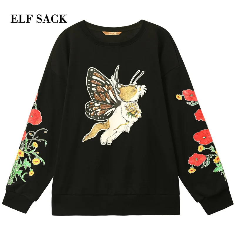 ELFSACK, весна, новинка, большие размеры, свитшоты, женские, повседневные, трикотажные, худи с круглым вырезом, женские пуловеры, полный принт, женские свитшоты