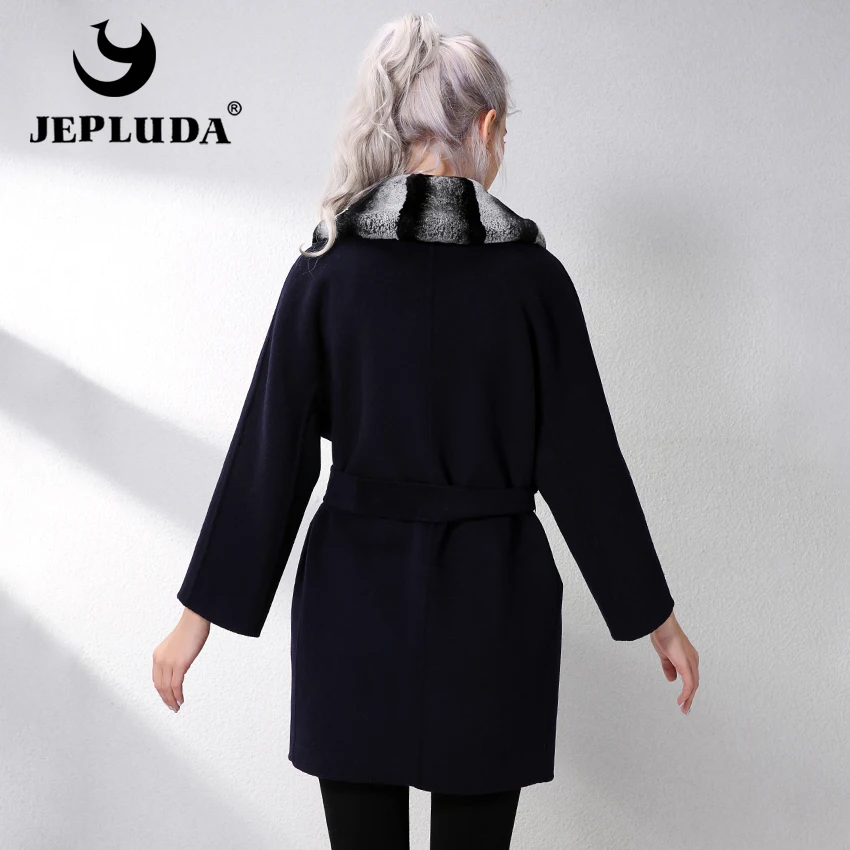 JEPLUDA Fashion Cashmere Coat Women With Genuine Rex Rabbit Fur Lapel Collar winter Real Leather Jacket Women|real fur coat|fur coat genuinefur real