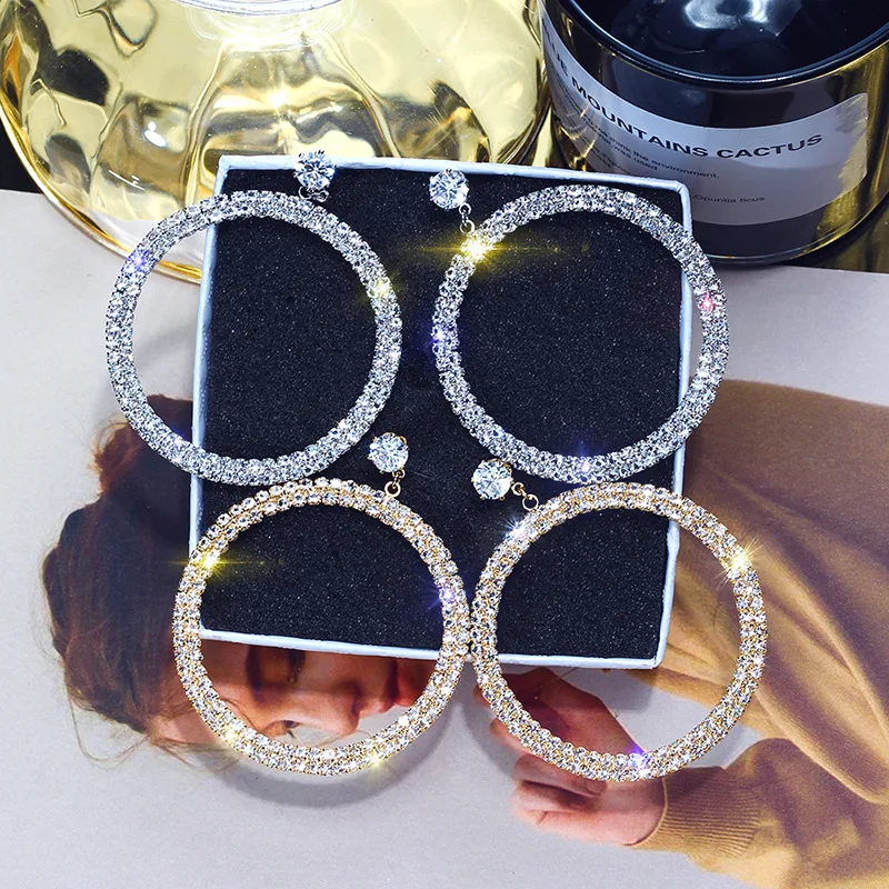 DREJEW Big Rose Gold Silver Circle Rhinestone Pearl Statement Earrings Christmas Fashion Hoop for Women Weddings HE456 | Украшения и