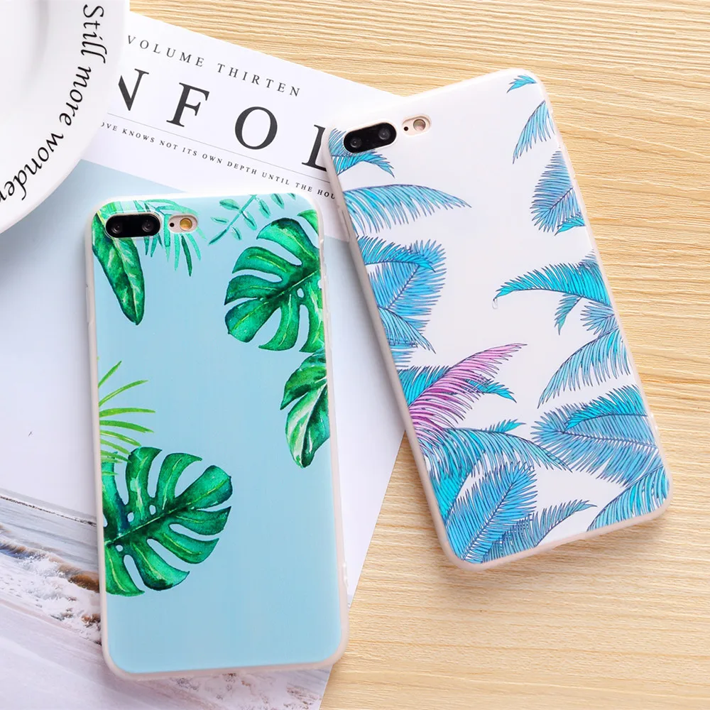 

Artistic Leaf Phone Case For iPhone 8 7 6 6S Plus Cute Plant Fruit Cactus Phone Bags For iPhone X leaves Back Cover Funda Shell