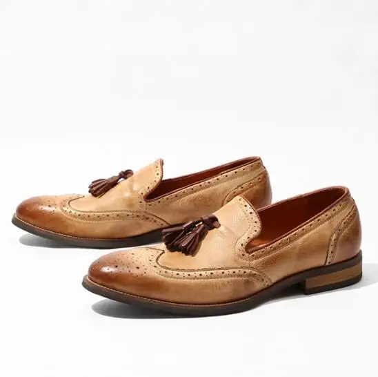Khaki Роскошные брендовые Мужские модельные туфли из натуральной кожи; Винтажная обувь с перфорацией типа «броги» в британском стиле; Туфли-оксфорды с кисточками ручной работы; мужская обувь на плоской подошве; 02C - Цвет: Khaki