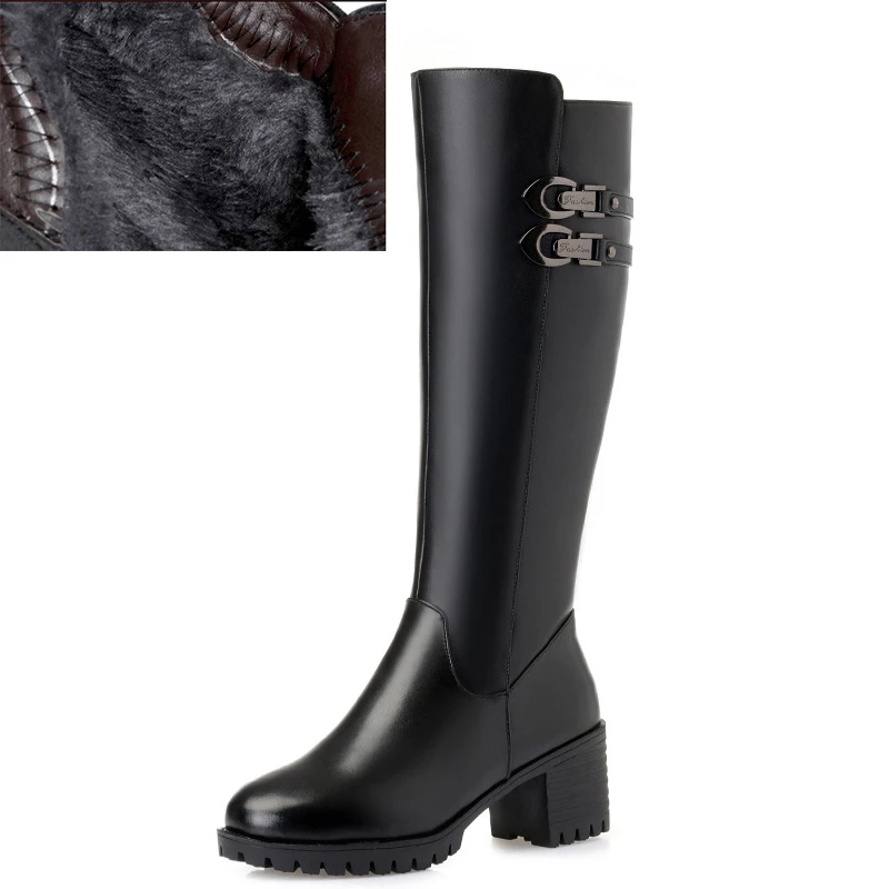 thick plush XIUNINGYAN/Большие размеры 35-43, женские высокие сапоги до колена зимняя теплая обувь из натуральной шерсти нескользящая обувь на молнии с круглым носком ботинки на толстом меху черного цвета - Цвет: thick plush
