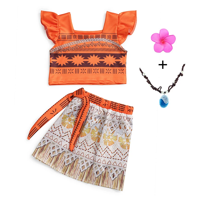 YOFEEL Girls Moana Summer Dress Princess Cosplay Costume Kids Beach Suit Children Halter Strap Elastic Clothes with Necklace | Детская