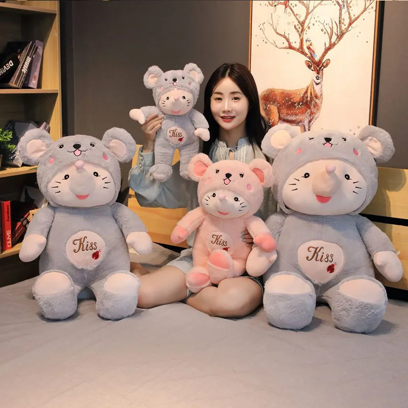 

Cute Bear Pillow Doll in Sleeping Dummy Bed and Mouse Plush Toy as Girl's Gift