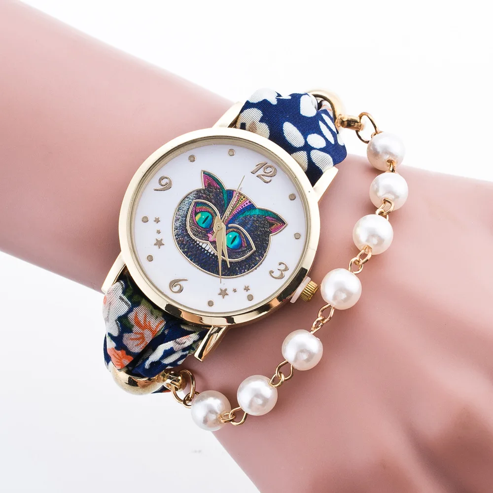 REEBONZ Набивные Ткани Ремень Перл Подвеска женские Кварцевые Часы Дамы Наручные