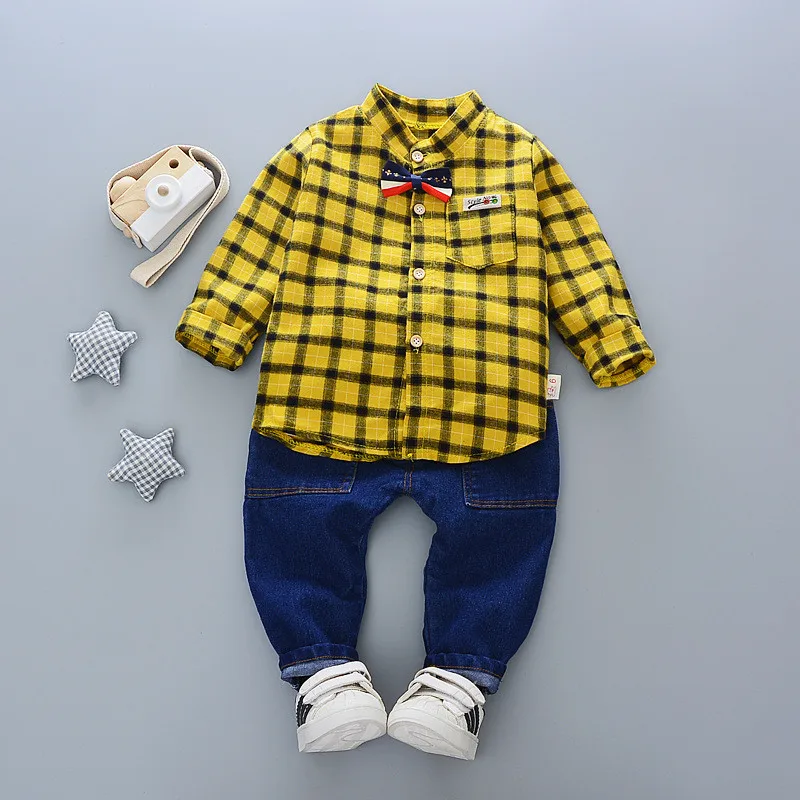 Baby boys spring clothing set newborn baby cotton plaid shirt+jeans pants 2pcs gentleman suit for toddler casual sets |