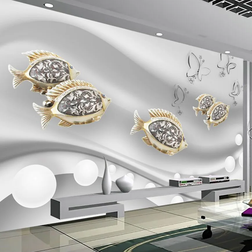 

8D Mural Jewelry White Ball Gold Fishes Butterfly 3d Wallpaper Murals for Wall Decoration 3D Wall paper 3d Wall Photo Murals