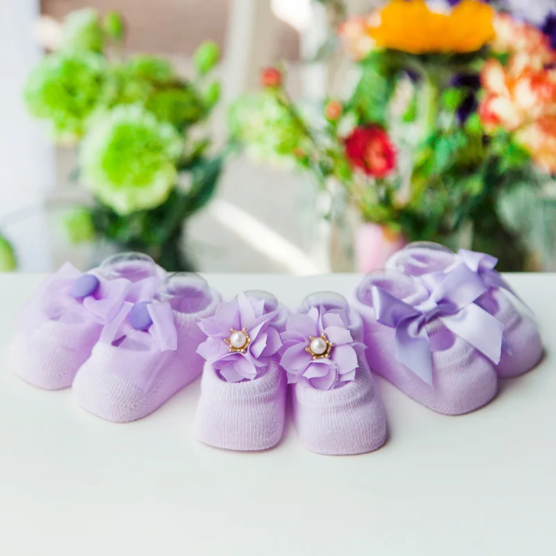 Purple Противоскользящие носки для новорожденных девочек от 0 до 3 лет подарок принцессы на день рождения, одежда для малышей 3 пары хлопковых кружевных носков для малышей - Цвет: Purple