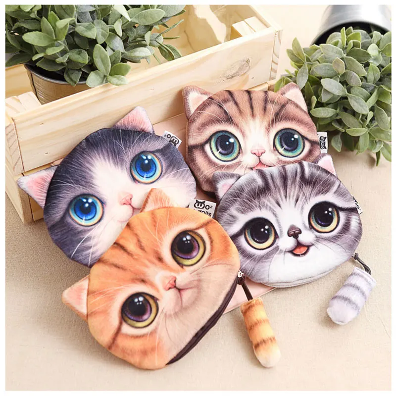 Симпатичный реалистичный плюшевый Кошелек для детей портмоне кошка Kawaii 3D