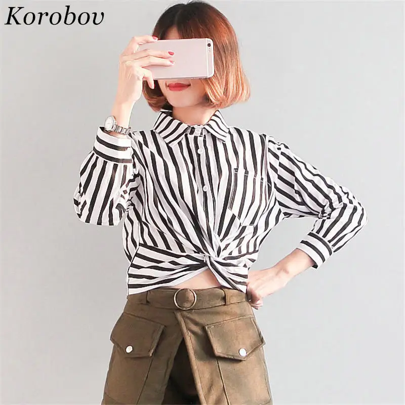 Коробова Короткие рубашка в полоску карман Дизайн блузка 2018 весна новый топ с