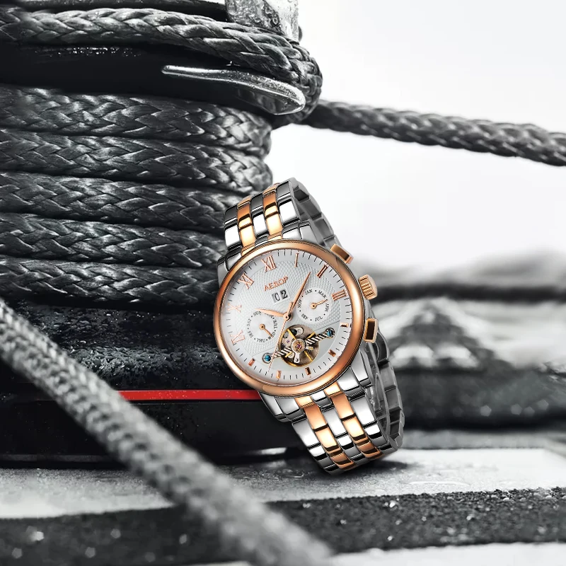 AESOP Mechanical Men Watch Fashion Automatic Wristwatch Rose Gold Hollow Stainless Steel Male Clock Relogio Masculino Box 27 | Наручные